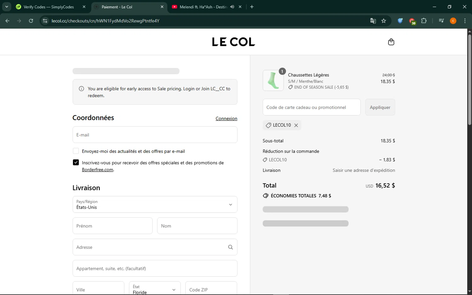 Le Col discount code screenshot showing code lecol10 applied at Le Col checkout page. Uploaded by SimplyCodes community member ShrewdCaptain9911 on Jul 31, 2025