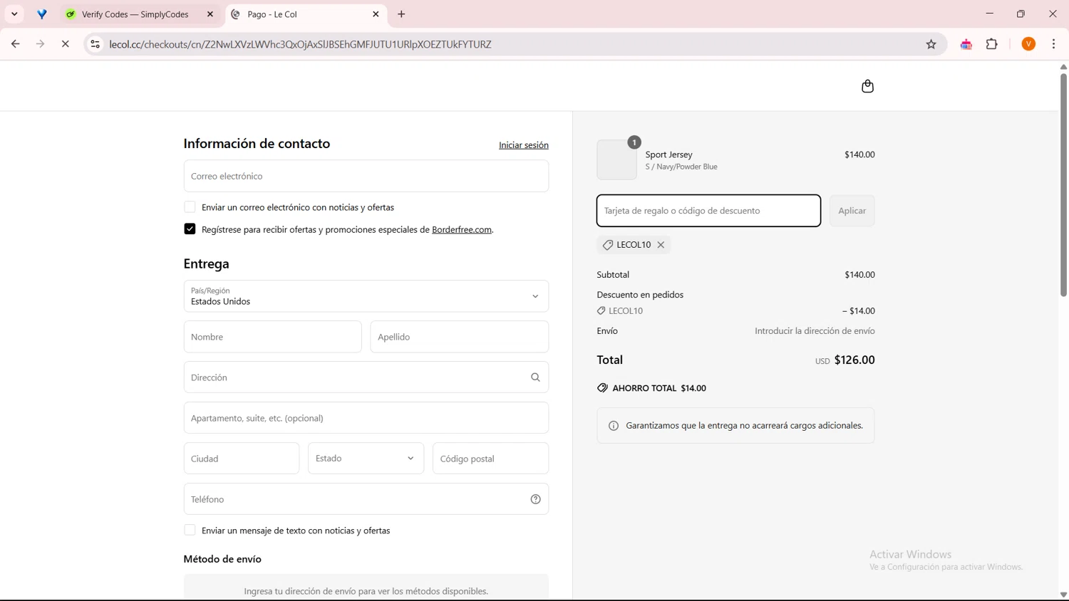 Le Col discount code screenshot showing code lecol10 applied at Le Col checkout page. Uploaded by SimplyCodes community member ExtraordinarySaver9637 on Apr 8, 2025