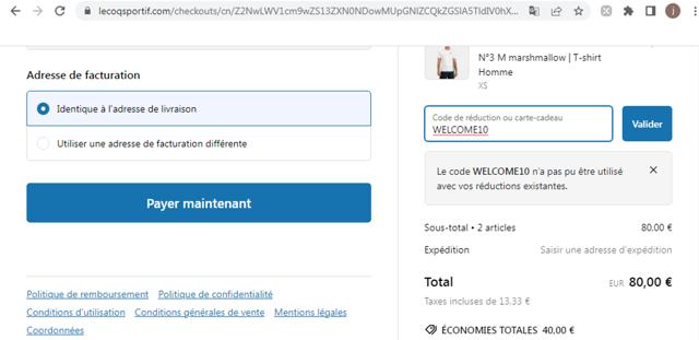 Le Coq Sportif checkout page showing Le Coq Sportif promo code box | Screenshot taken by SimplyCodes community member on Dec 16, 2024
