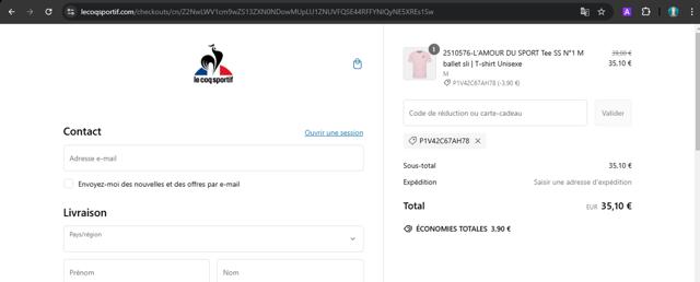 Le Coq Sportif checkout page showing Le Coq Sportif promo code box | Screenshot taken by SimplyCodes community member on Feb 11, 2025