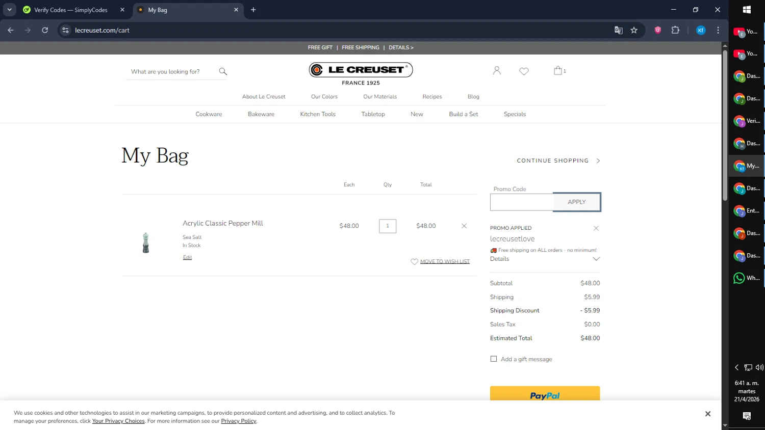 Verification screenshot for Free Shipping On Select Items (Minimum Order: $44) at Le Creuset - 2mo ago