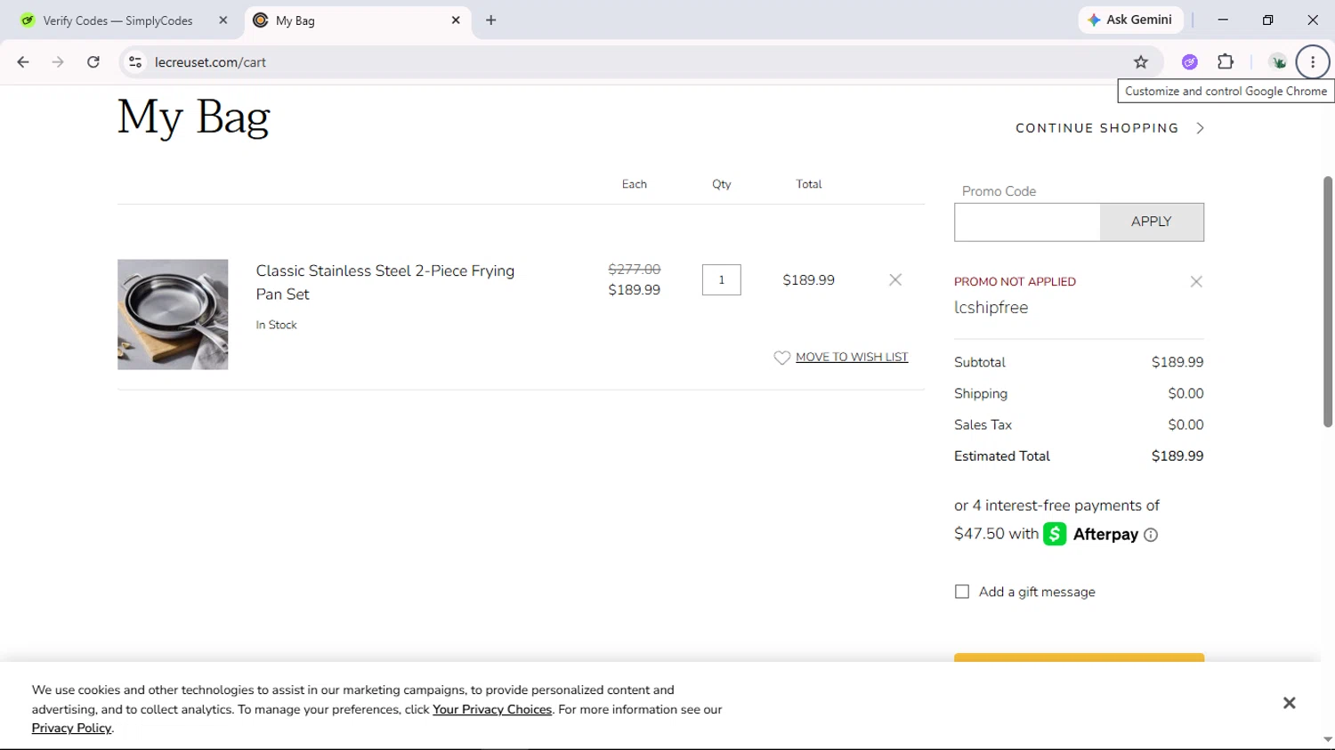 Verification screenshot for Free Shipping On Select Items at Le Creuset - 6d ago