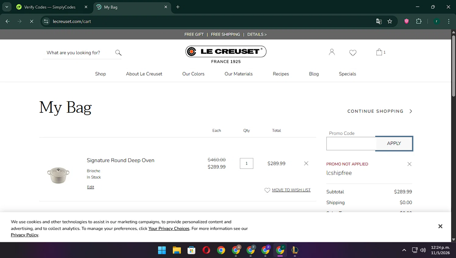 Verification screenshot for Free Shipping On Select Items at Le Creuset - 45d ago