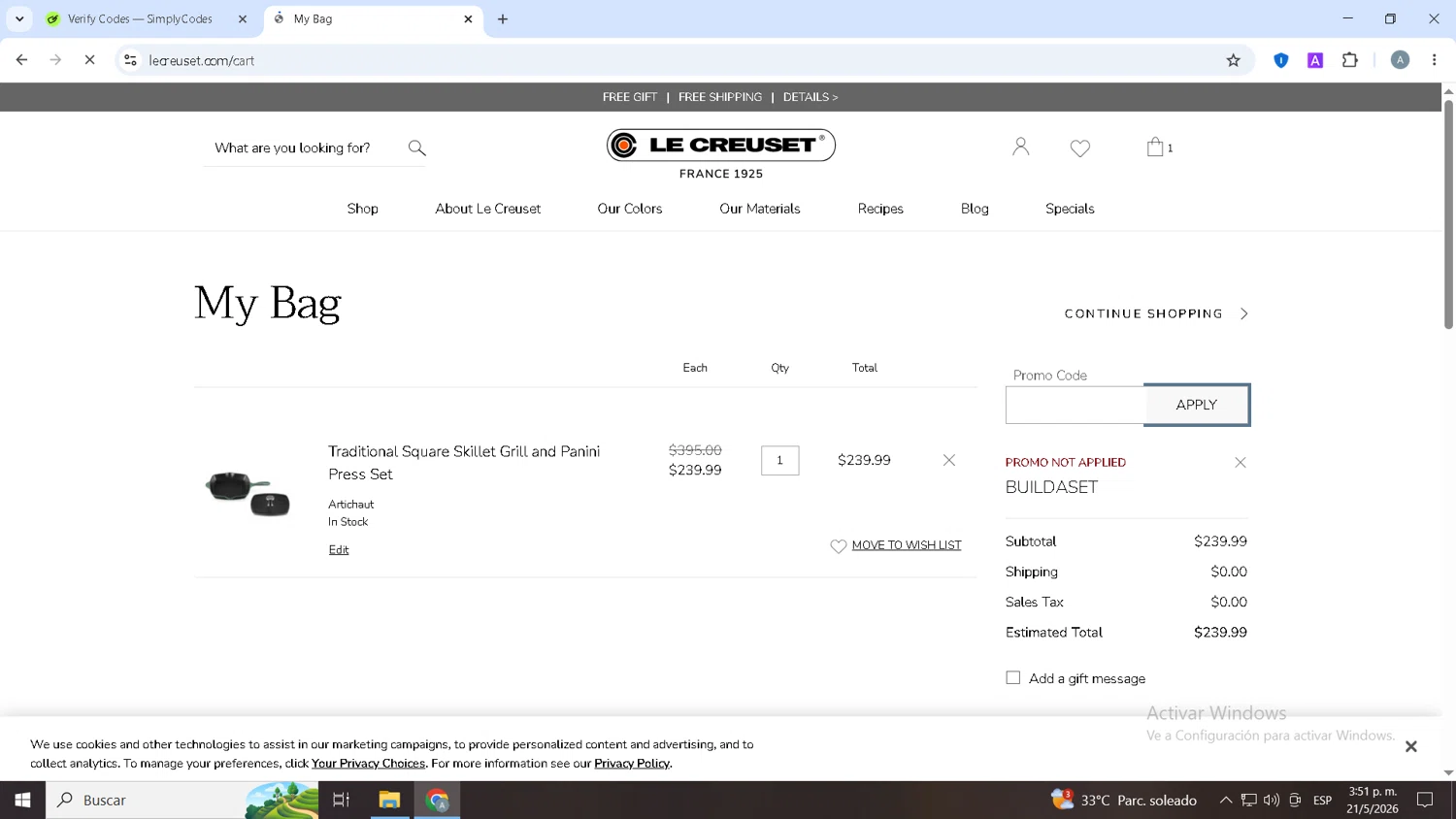 Verification screenshot for 20% Off Building a Set Full Price Items at Le Creuset - 35d ago