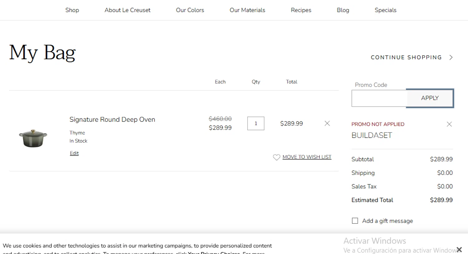 Verification screenshot for 20% Off Building a Set Full Price Items at Le Creuset - 18d ago