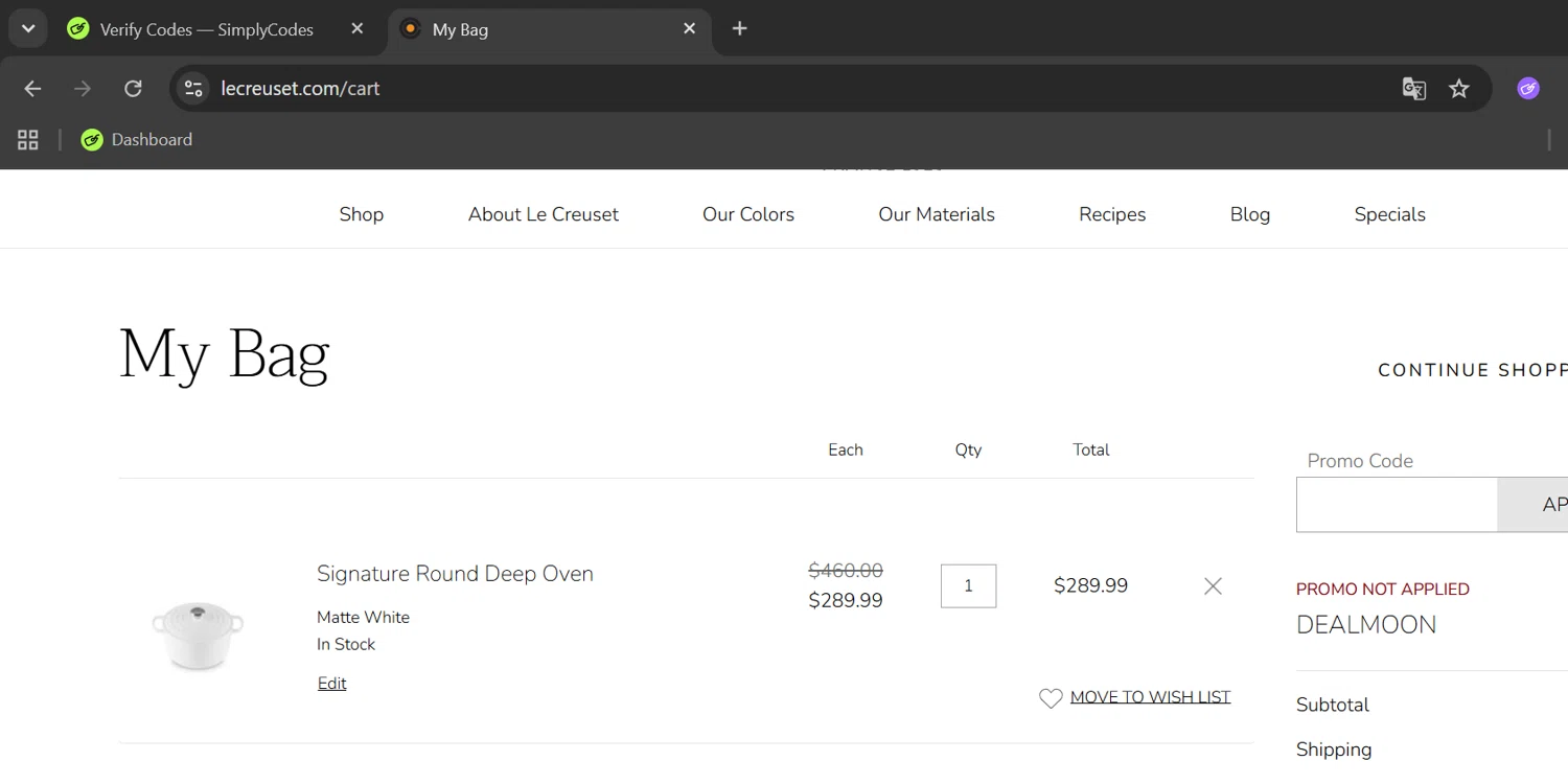 Verification screenshot for 20% Off Winter Savings Event at Le Creuset - 21d ago