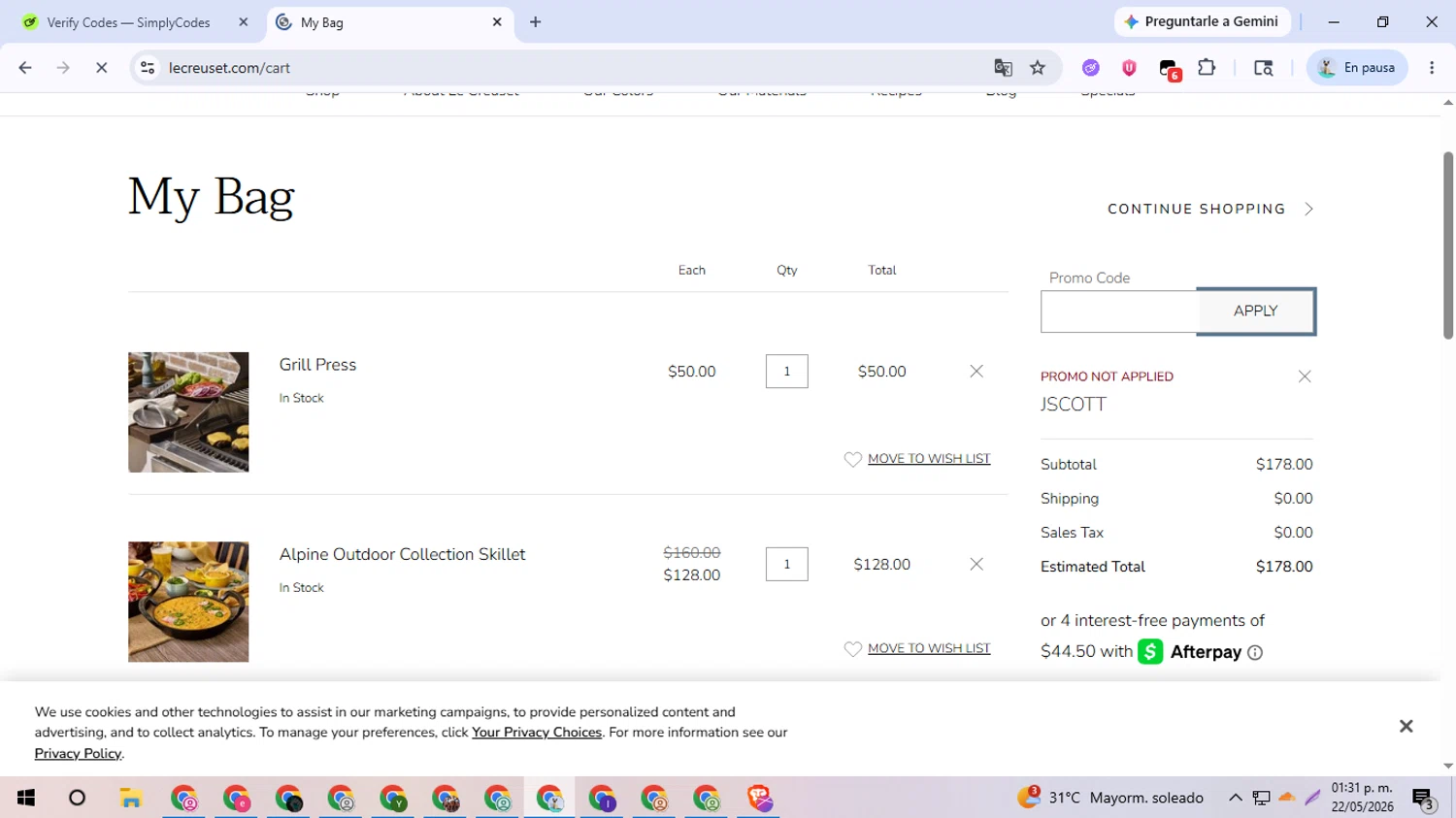 Verification screenshot for 20% Off Select Items at Le Creuset - 34d ago