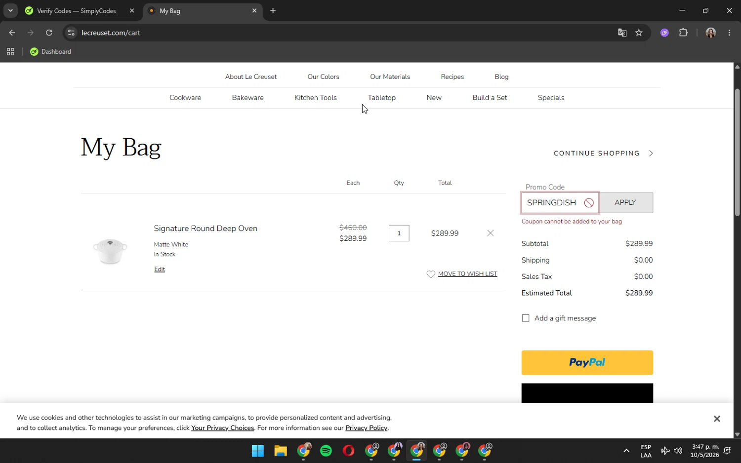 Verification screenshot for Free Gift Storewide (minimum Order $300) at Le Creuset - 46d ago