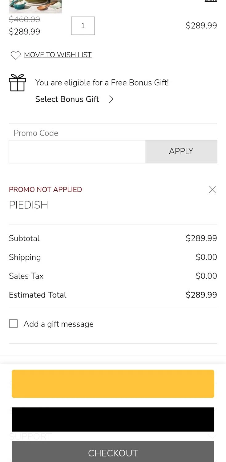 Verification screenshot for Free Classic Pie Dish on (storewide) (minimum Order: $250) at Le Creuset Storewide at Le Creuset - 13d ago