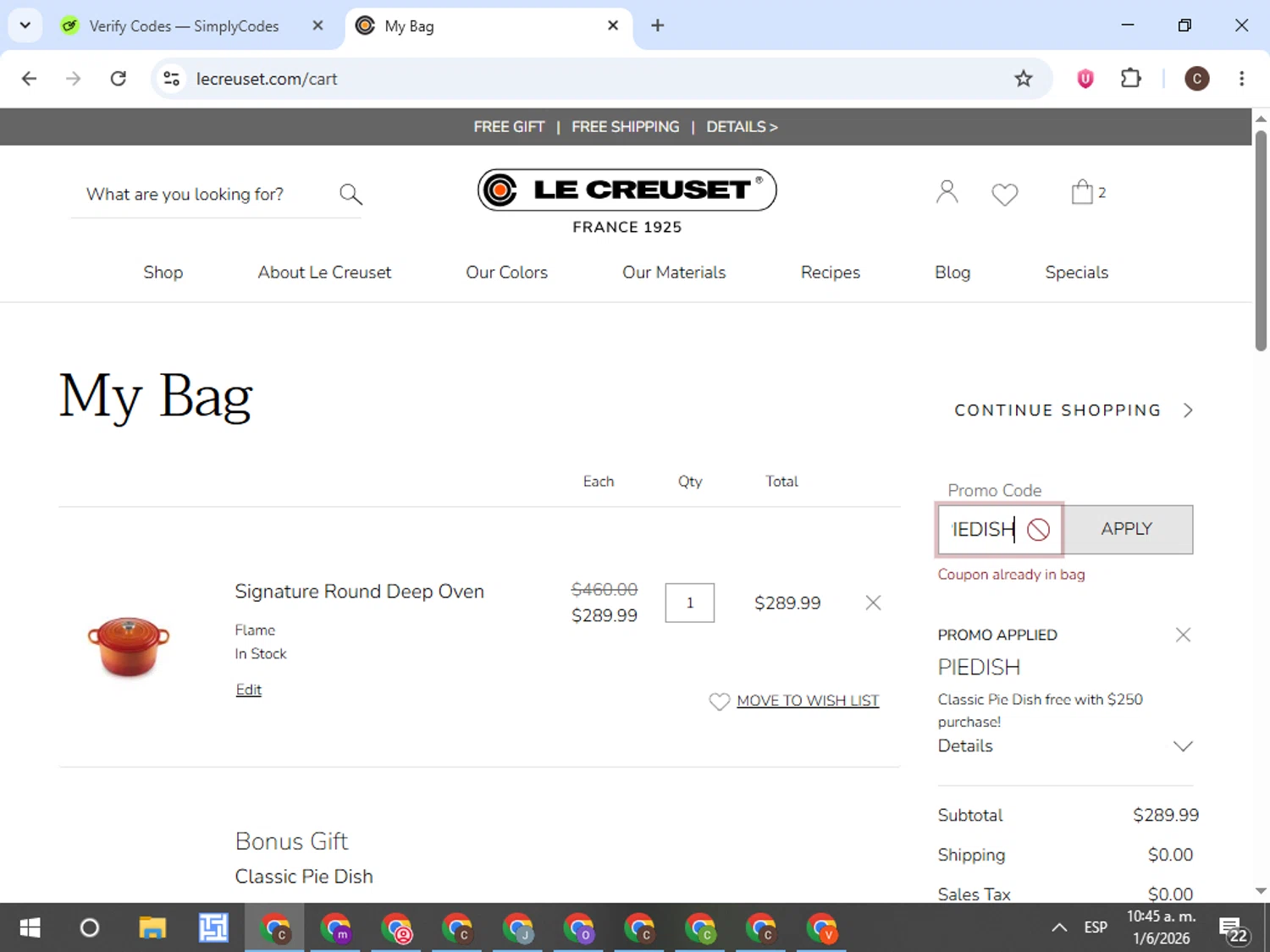 Verification screenshot for Free Classic Pie Dish on (storewide) (minimum Order: $250) at Le Creuset Storewide at Le Creuset - 24d ago