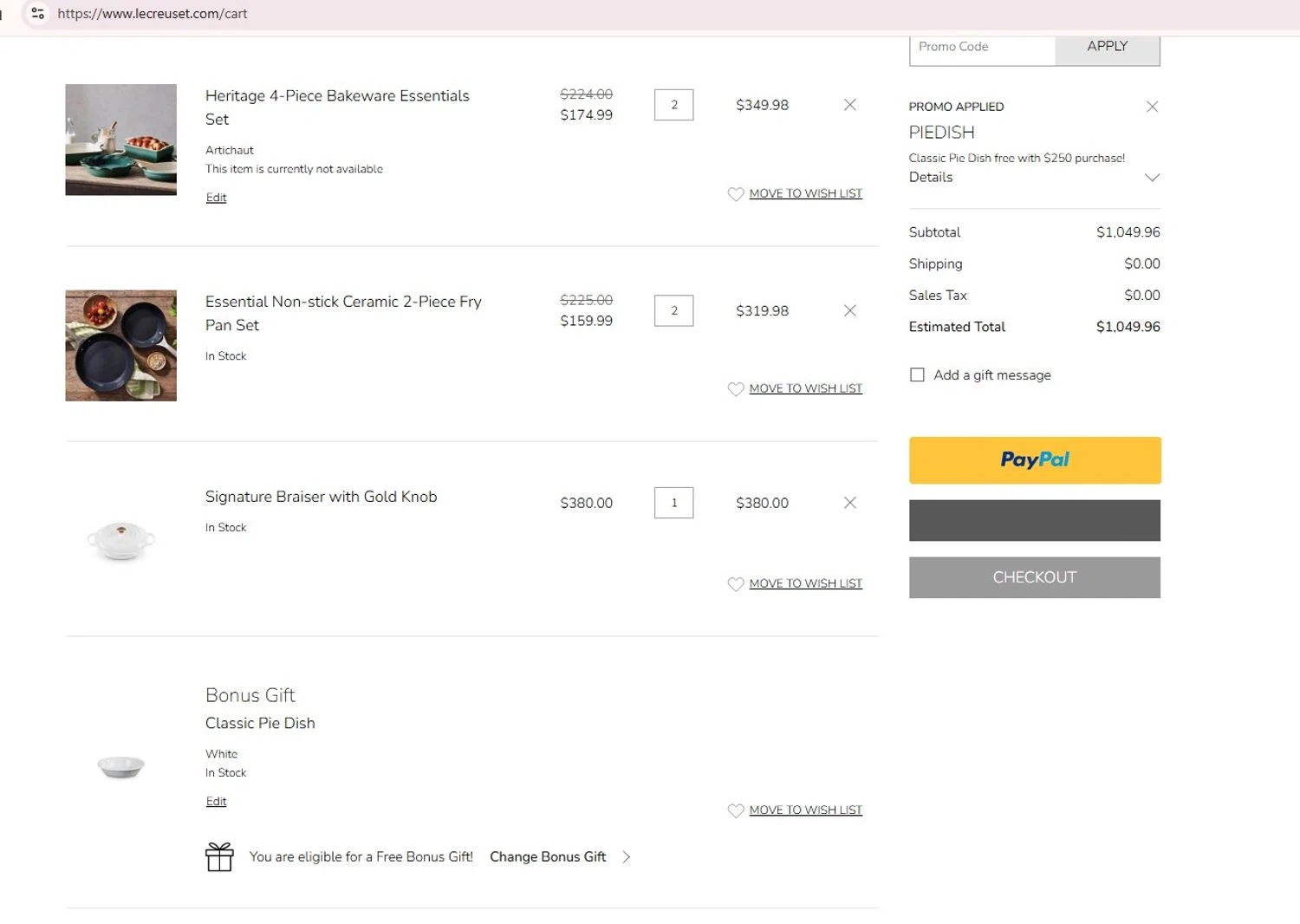 Verification screenshot for Free Classic Pie Dish on (storewide) (minimum Order: $250) at Le Creuset Storewide at Le Creuset - 24d ago