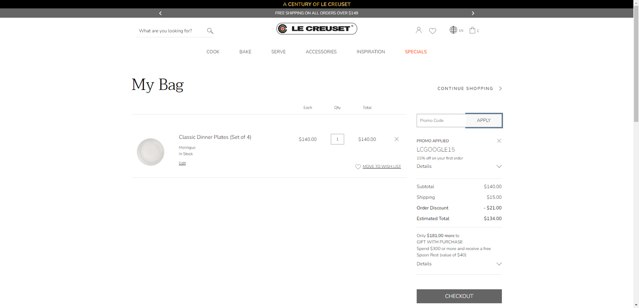Le Creuset CA checkout page showing Le Creuset CA promo code box | Screenshot taken by SimplyCodes community member on Aug 5, 2025