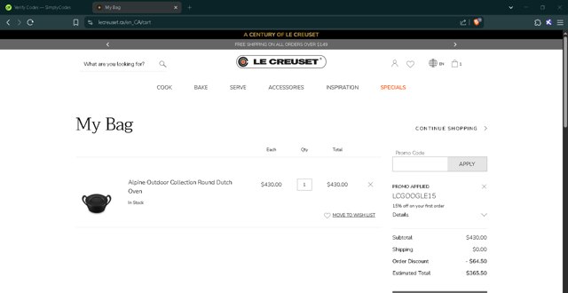 Le Creuset CA checkout page showing Le Creuset CA promo code box | Screenshot taken by SimplyCodes community member on Jun 26, 2025