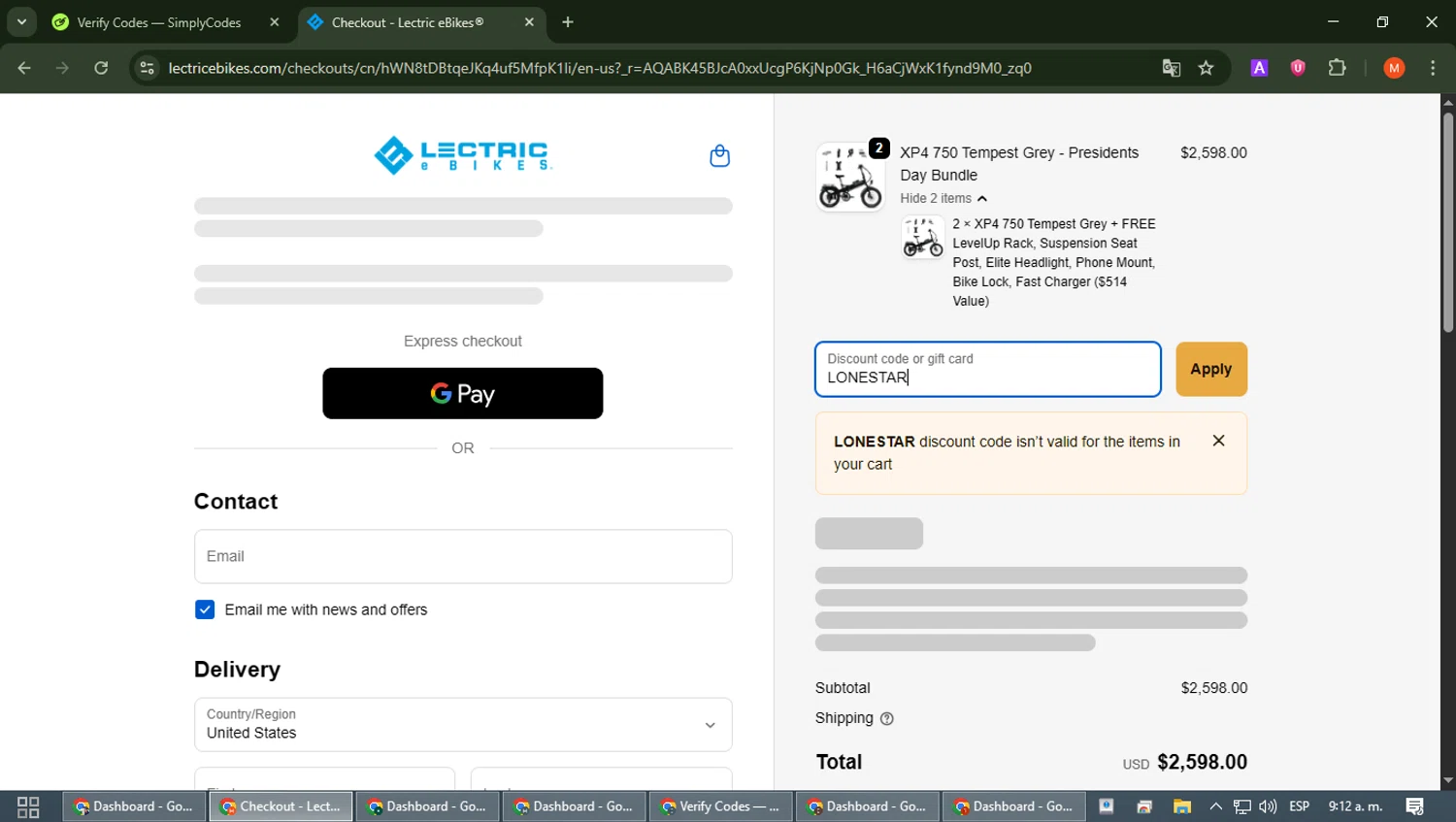 Lectric eBikes checkout page showing Lectric eBikes discount code box | Screenshot taken by SimplyCodes community member on Feb 17, 2026