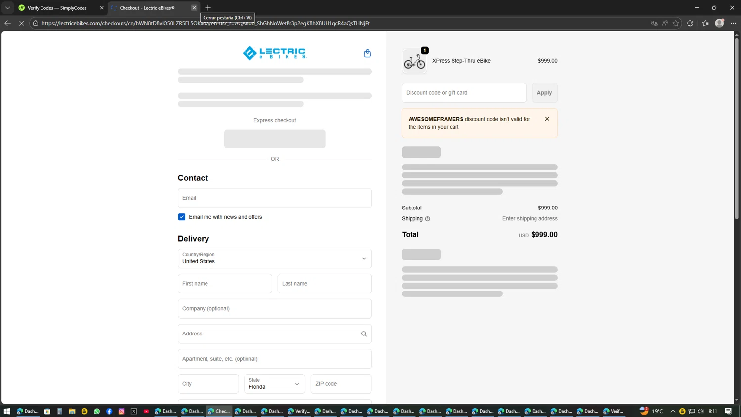 Lectric eBikes checkout page showing Lectric eBikes discount code box | Screenshot taken by SimplyCodes community member on Feb 17, 2026