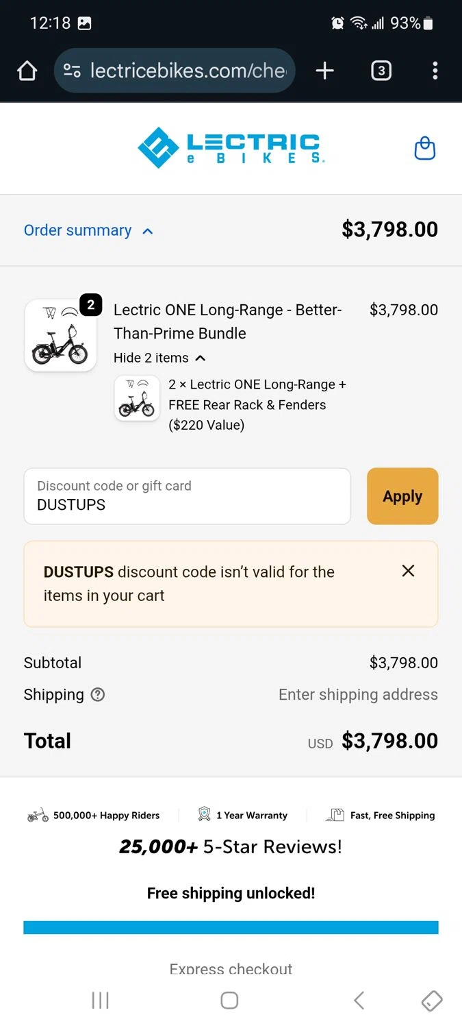 Lectric eBikes discount code screenshot showing code DUSTUPS applied at Lectric eBikes checkout page. Uploaded by SimplyCodes community member Milaya on Oct 12, 2025