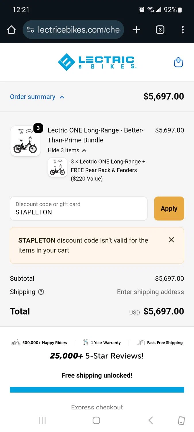 Lectric eBikes discount code screenshot showing code STAPLETON applied at Lectric eBikes checkout page. Uploaded by SimplyCodes community member Milaya on Oct 12, 2025