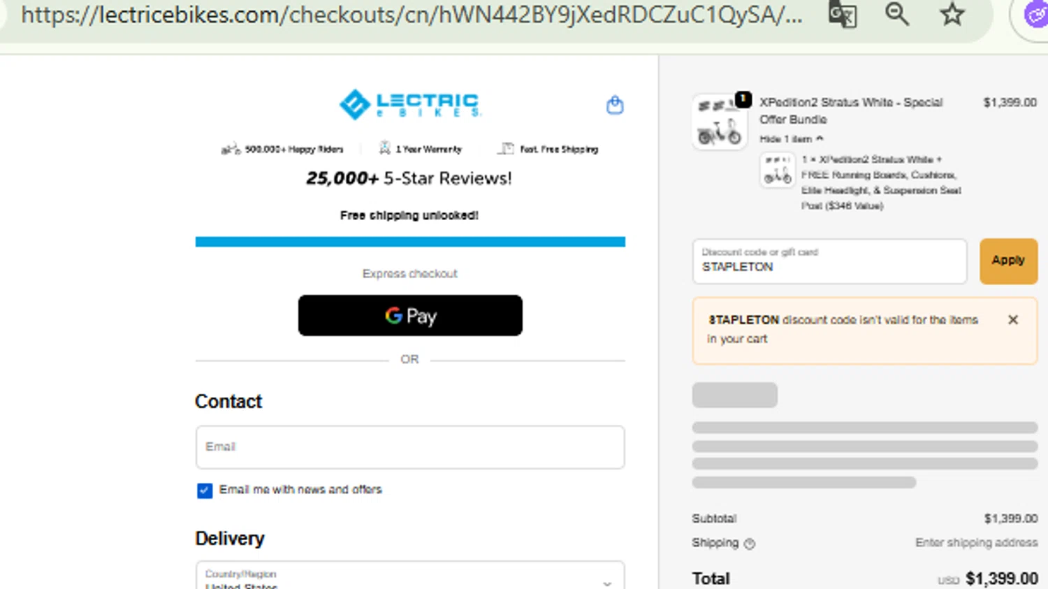 Lectric eBikes discount code screenshot showing code STAPLETON applied at Lectric eBikes checkout page. Uploaded by SimplyCodes community member RewardFinder4836 on Oct 13, 2025