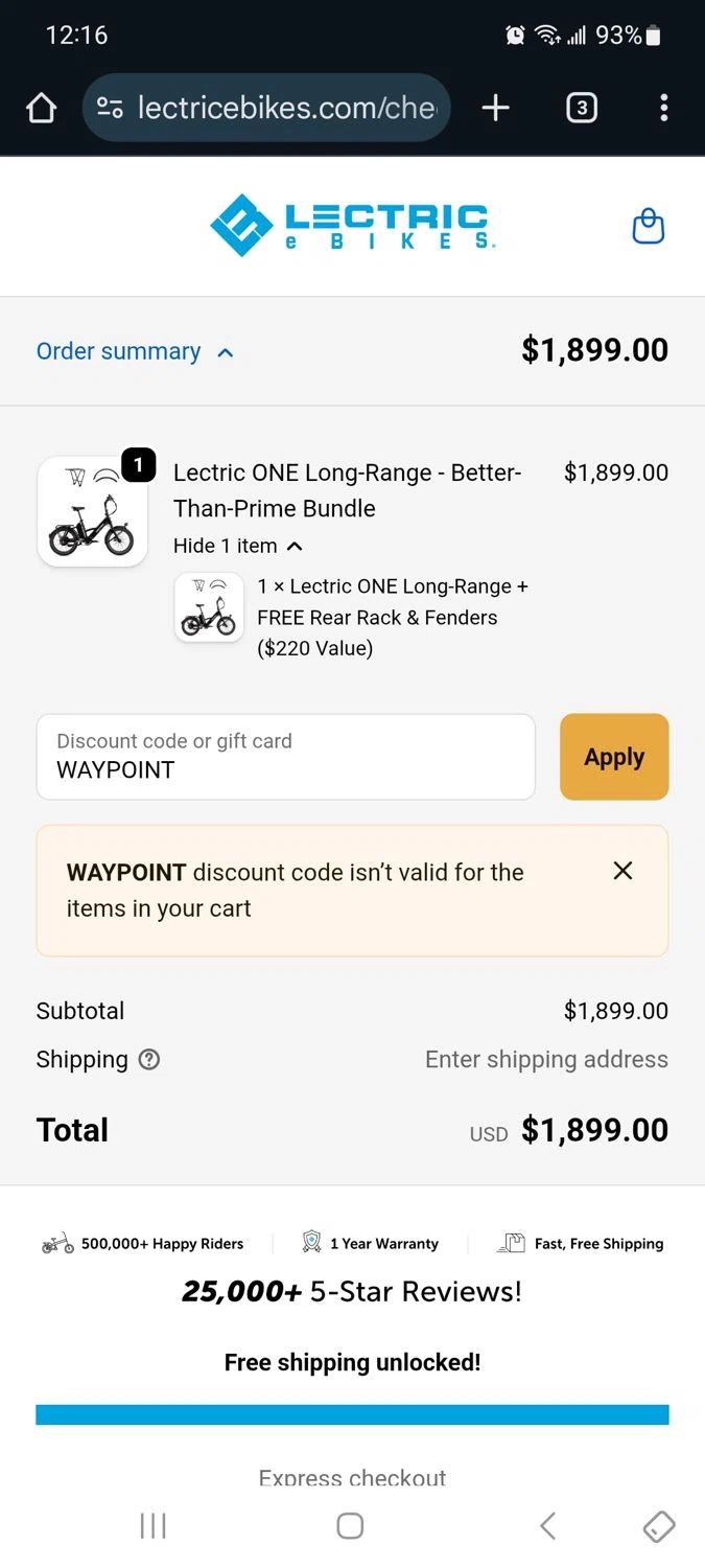 Lectric eBikes discount code screenshot showing code WAYPOINT applied at Lectric eBikes checkout page. Uploaded by SimplyCodes community member Milaya on Oct 12, 2025
