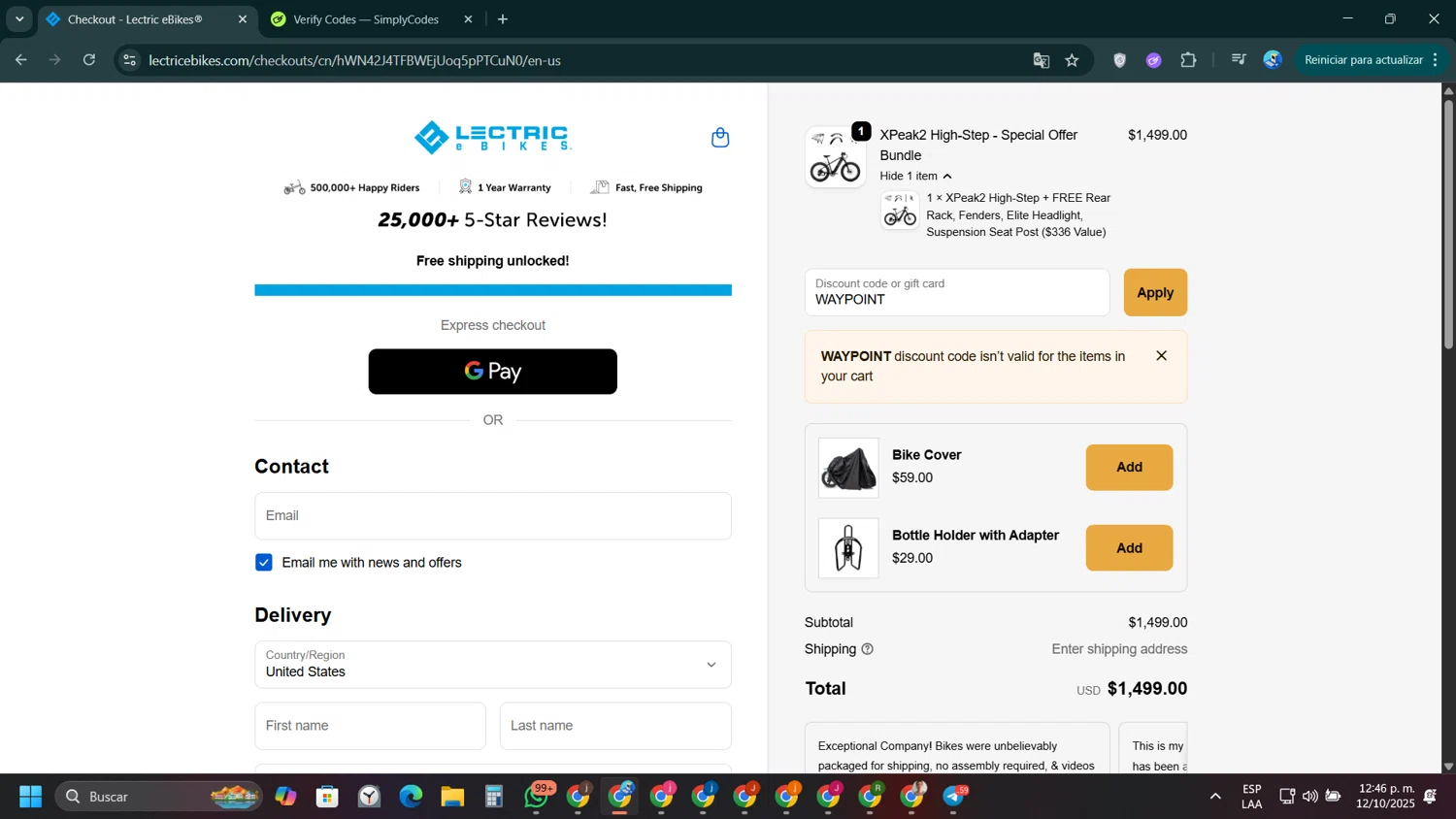 Lectric eBikes discount code screenshot showing code WAYPOINT applied at Lectric eBikes checkout page. Uploaded by SimplyCodes community member VictoriousPioneer4638 on Oct 12, 2025