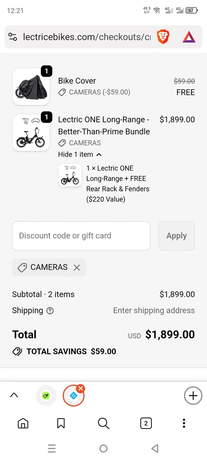 Lectric eBikes discount code screenshot showing code Cameras applied at Lectric eBikes checkout page. Uploaded by SimplyCodes community member dayselis15 on Oct 12, 2025