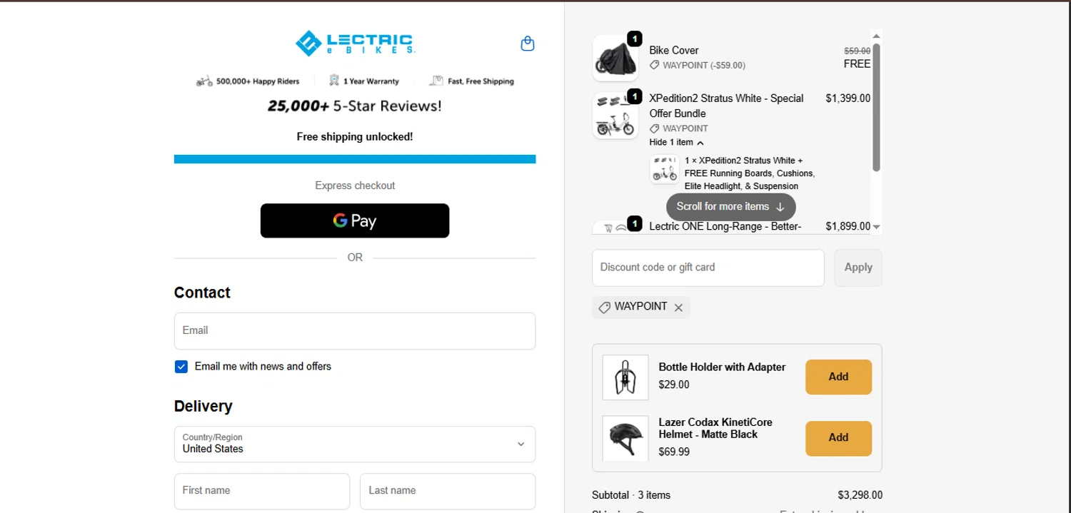 Lectric eBikes discount code screenshot showing code WAYPOINT applied at Lectric eBikes checkout page. Uploaded by SimplyCodes community member juanisaac on Oct 12, 2025
