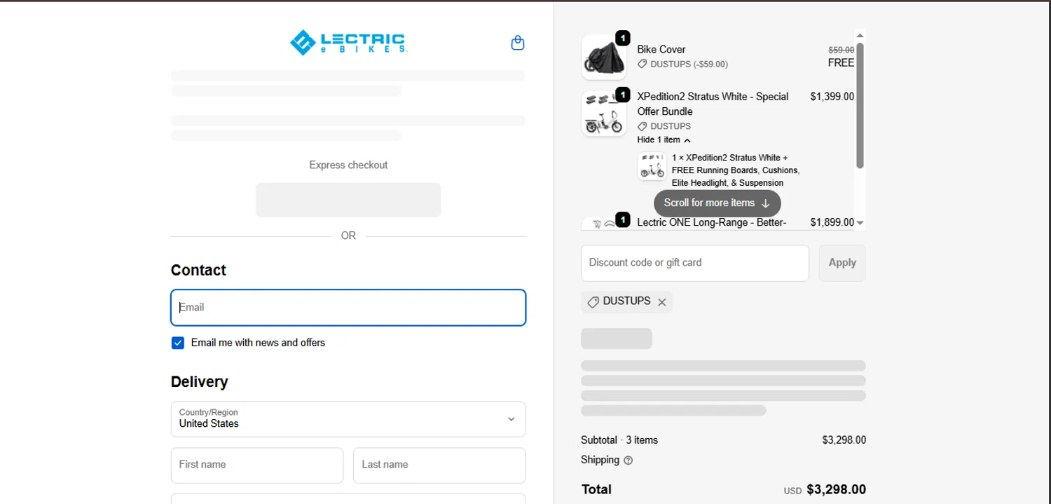 Lectric eBikes discount code screenshot showing code DUSTUPS applied at Lectric eBikes checkout page. Uploaded by SimplyCodes community member juanisaac on Oct 12, 2025