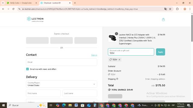 Lectron checkout page showing Lectron discount code box | Screenshot taken by SimplyCodes community member on Sep 10, 2025