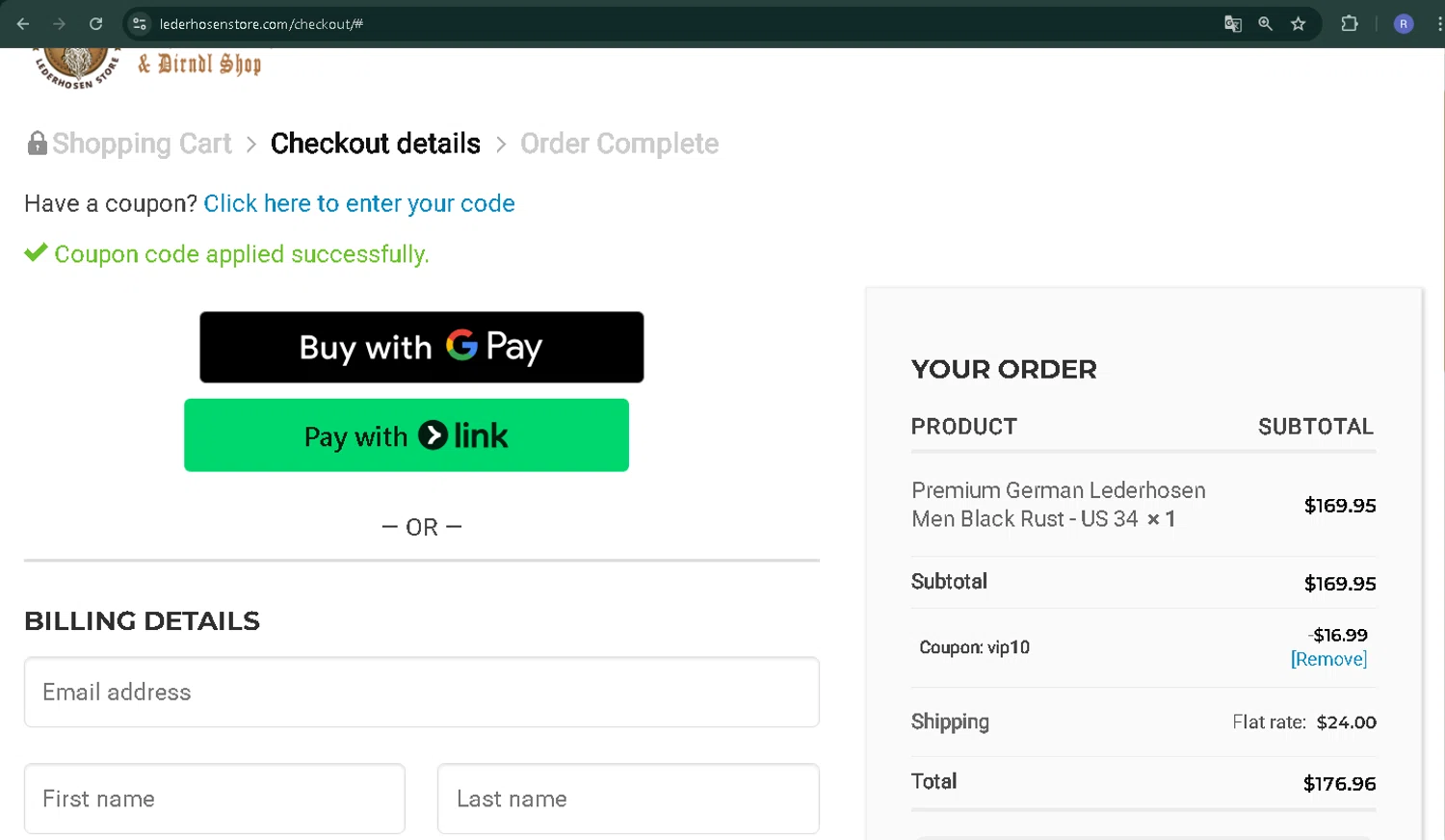 Lederhosen Store coupon code screenshot showing code VIP10 applied at Lederhosen Store checkout page. Uploaded by SimplyCodes community member CoinPilot9113 on Jun 8, 2025