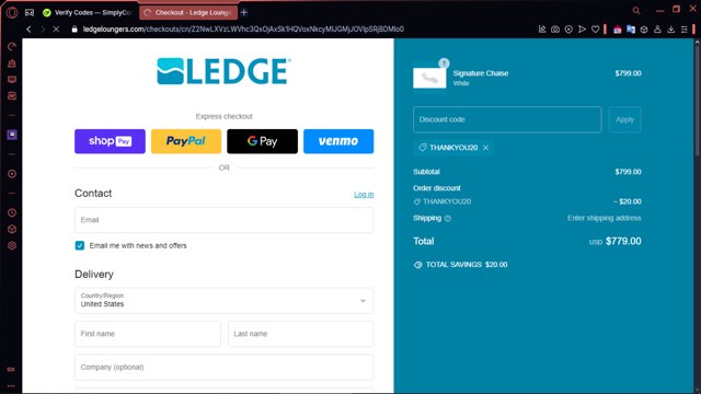 Ledge Lounger checkout page showing Ledge Lounger discount code box | Screenshot taken by SimplyCodes community member on Feb 20, 2025