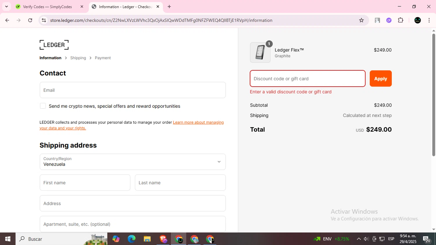 Ledger promo code screenshot showing code MOVESOL2LEDGER applied at Ledger checkout page. Uploaded by SimplyCodes community member BargainWizard5755 on Apr 29, 2025
