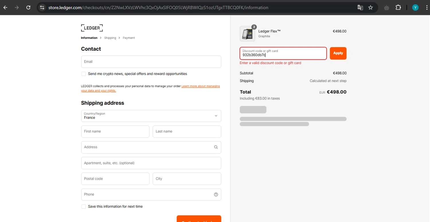 Ledger promo code screenshot showing code 932b360db7c applied at Ledger checkout page. Uploaded by SimplyCodes community member ValueTiger695 on Mar 31, 2025