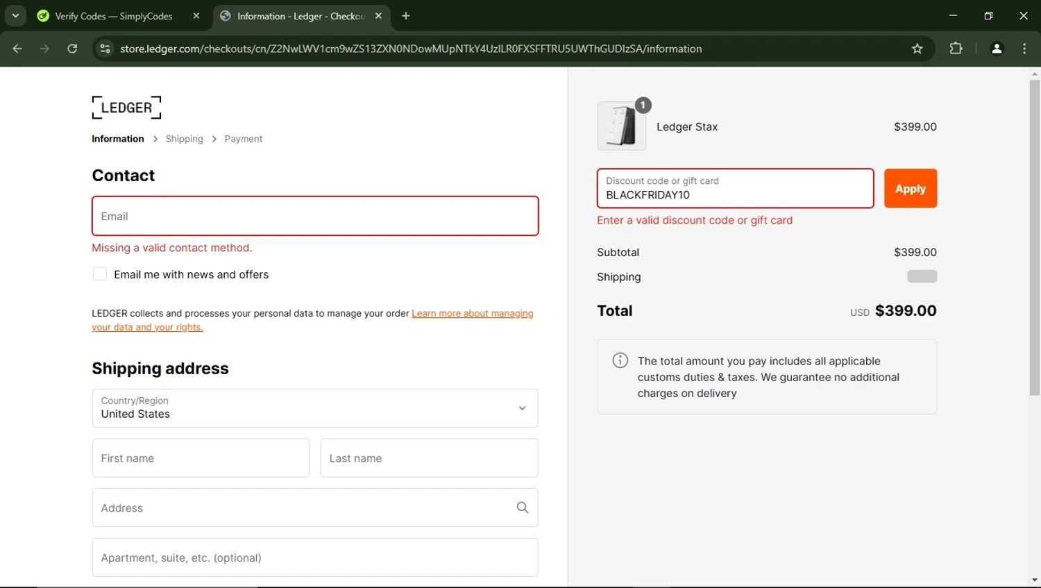 Ledger promo code screenshot showing code BLACKFRIDAY10 applied at Ledger checkout page. Uploaded by SimplyCodes community member LegendaryFalcon5662 on Feb 22, 2025