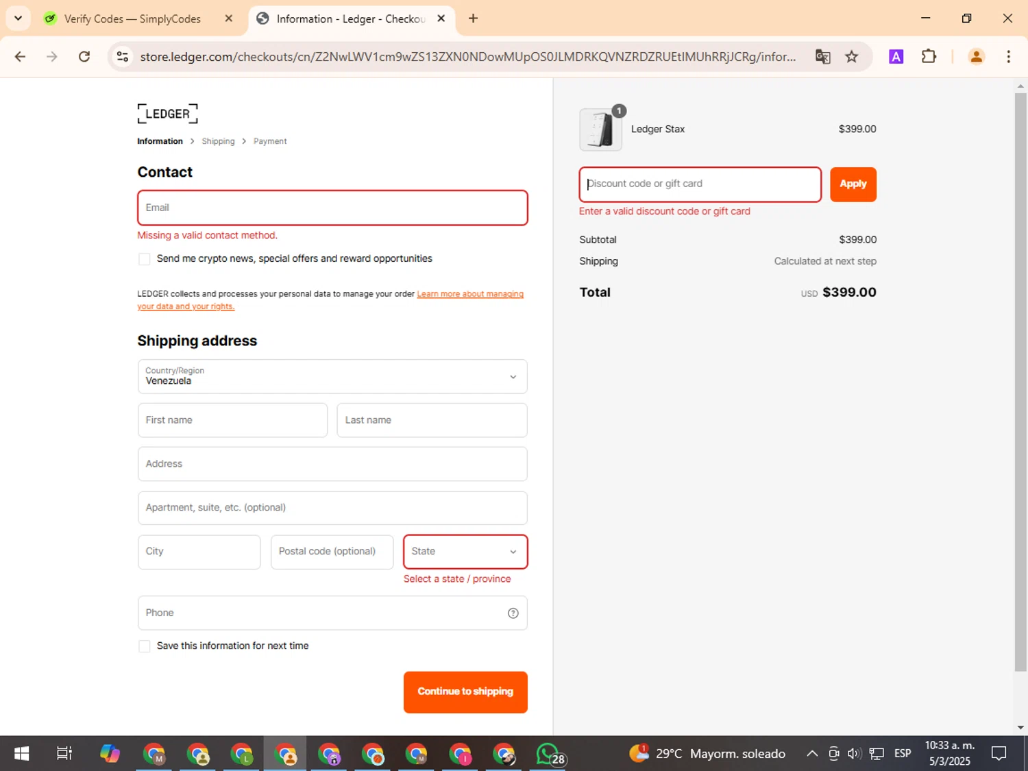 Ledger promo code screenshot showing code BLACKFRIDAY10 applied at Ledger checkout page. Uploaded by SimplyCodes community member TreasurePro466 on Mar 5, 2025