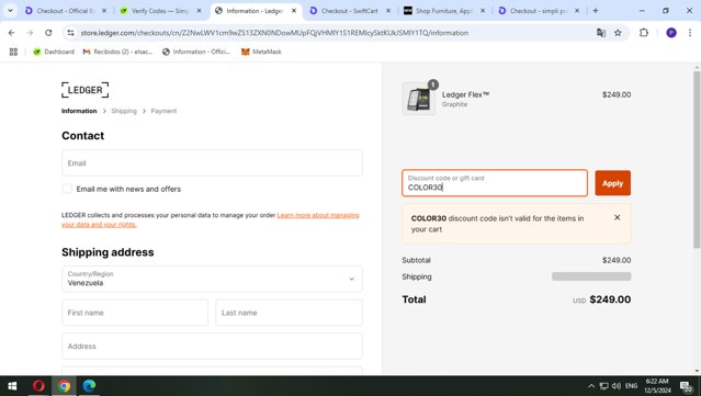 Ledger checkout page showing Ledger promo code box | Screenshot taken by SimplyCodes community member on Dec 5, 2024