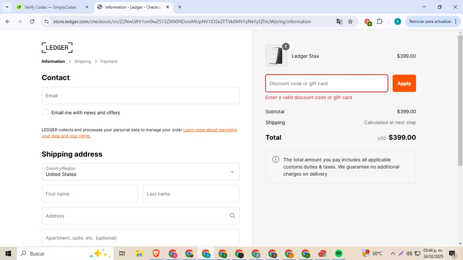 Ledger promo code screenshot showing code COLOR30 applied at Ledger checkout page. Uploaded by SimplyCodes community member ExtraordinarySeeker8039 on Feb 24, 2025