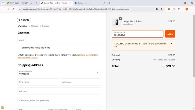 Ledger checkout page showing Ledger promo code box | Screenshot taken by SimplyCodes community member on Oct 22, 2024