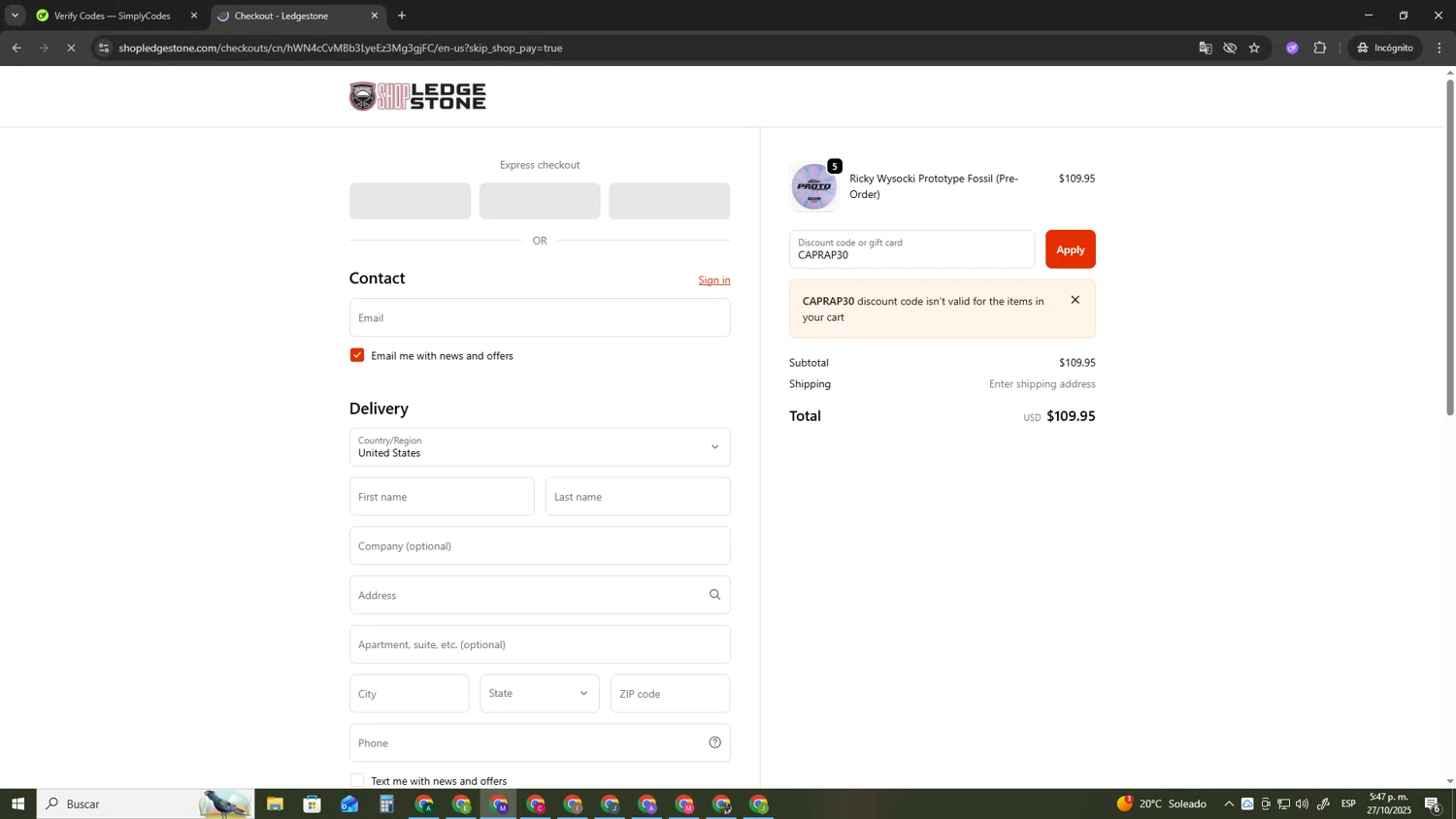 Ledgestone checkout page showing Ledgestone discount code box | Screenshot taken by SimplyCodes community member on Oct 27, 2025