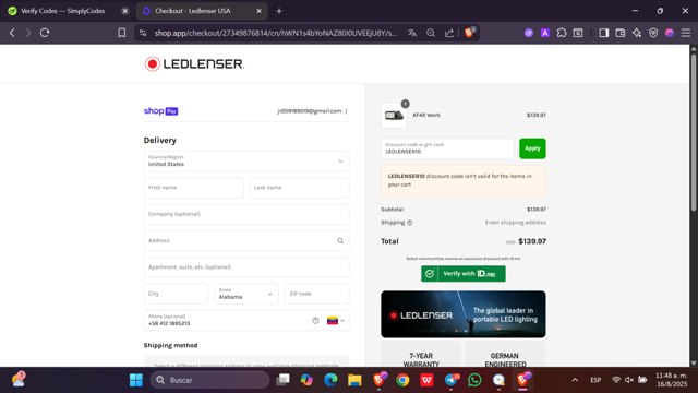 Ledlenser USA checkout page showing Ledlenser USA promo code box | Screenshot taken by SimplyCodes community member on Aug 16, 2025