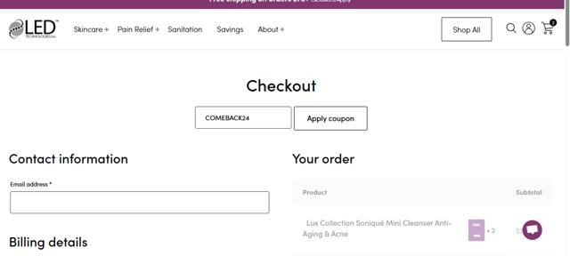 LED Technologies checkout page showing LED Technologies promo code box | Screenshot taken by SimplyCodes community member on Aug 26, 2025