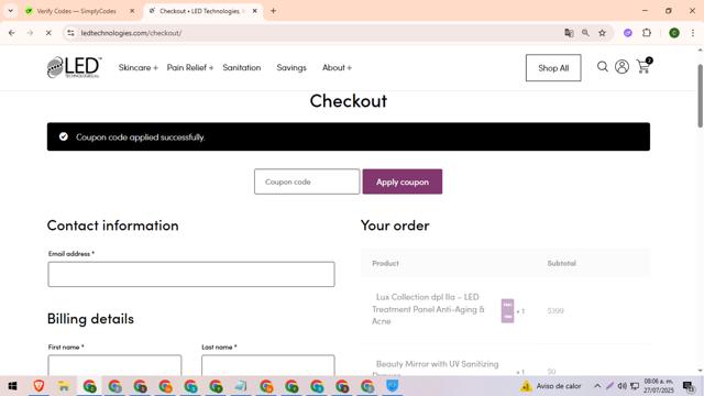 LED Technologies checkout page showing LED Technologies promo code box | Screenshot taken by SimplyCodes community member on Jul 27, 2025