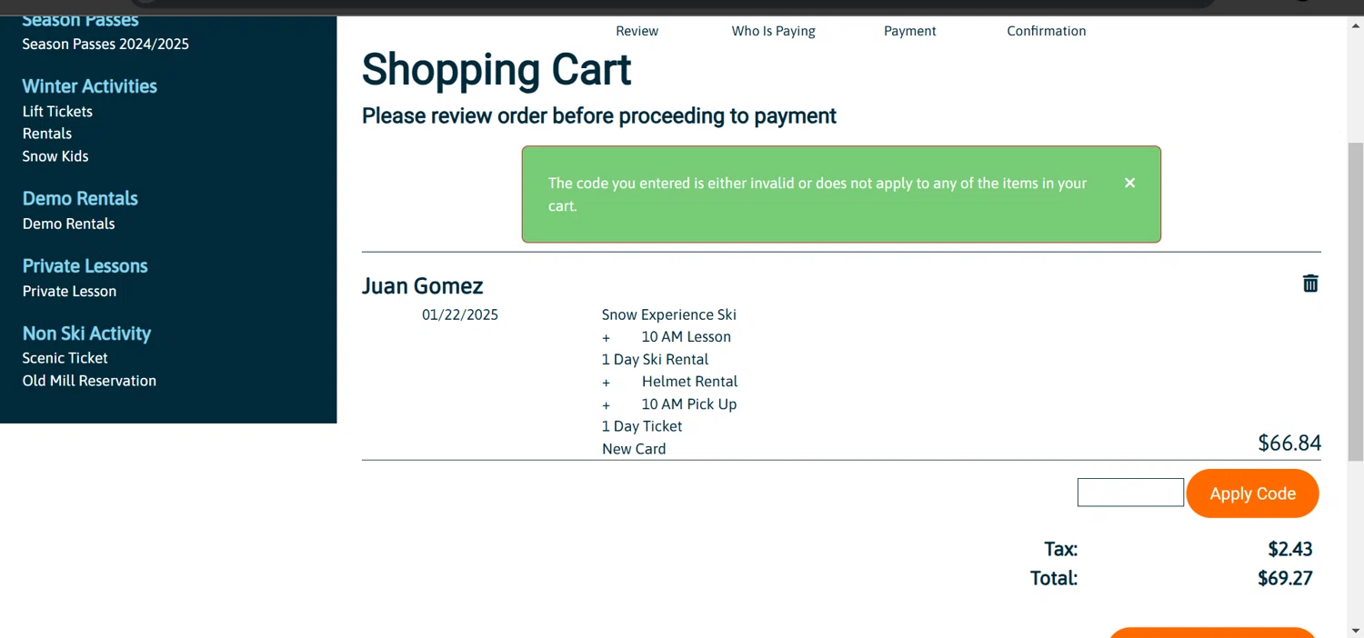 Lee Canyon promo code screenshot showing code PASSPERK-4 applied at Lee Canyon checkout page. Uploaded by SimplyCodes community member Sebastiangil on Jan 15, 2025