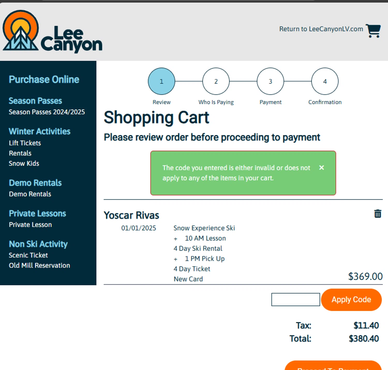 Lee Canyon promo code screenshot showing code PASSPERK-4 applied at Lee Canyon checkout page. Uploaded by SimplyCodes community member ELMORADO on Dec 31, 2024