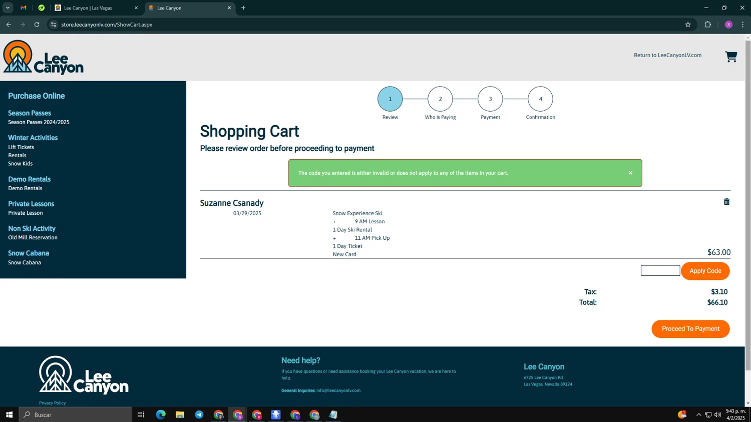 Lee Canyon promo code screenshot showing code PASSPERK-4 applied at Lee Canyon checkout page. Uploaded by SimplyCodes community member tinkle_tinkle on Feb 4, 2025