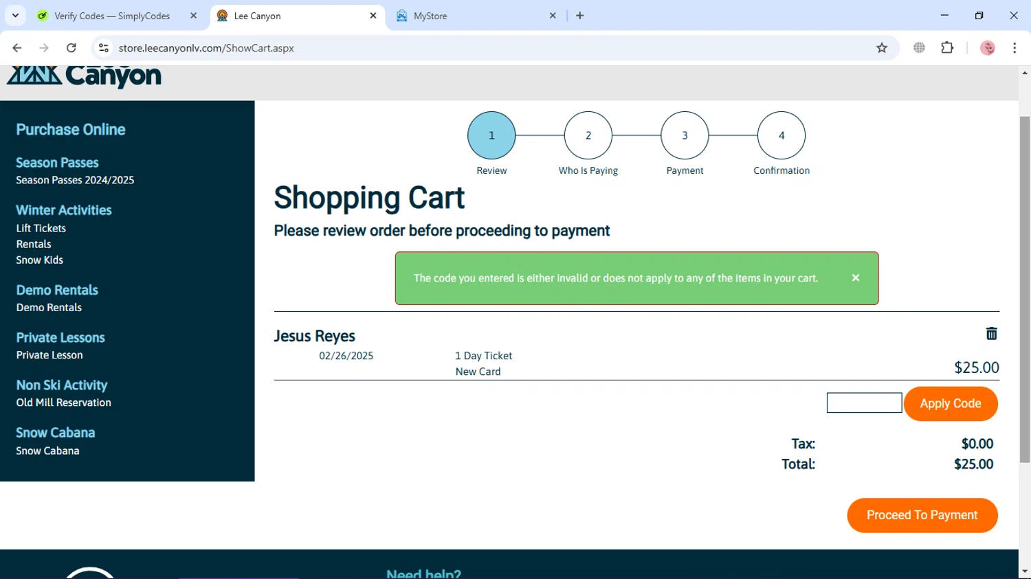 Lee Canyon promo code screenshot showing code passlodging-3 applied at Lee Canyon checkout page. Uploaded by SimplyCodes community member GleywilmarReyes on Feb 15, 2025