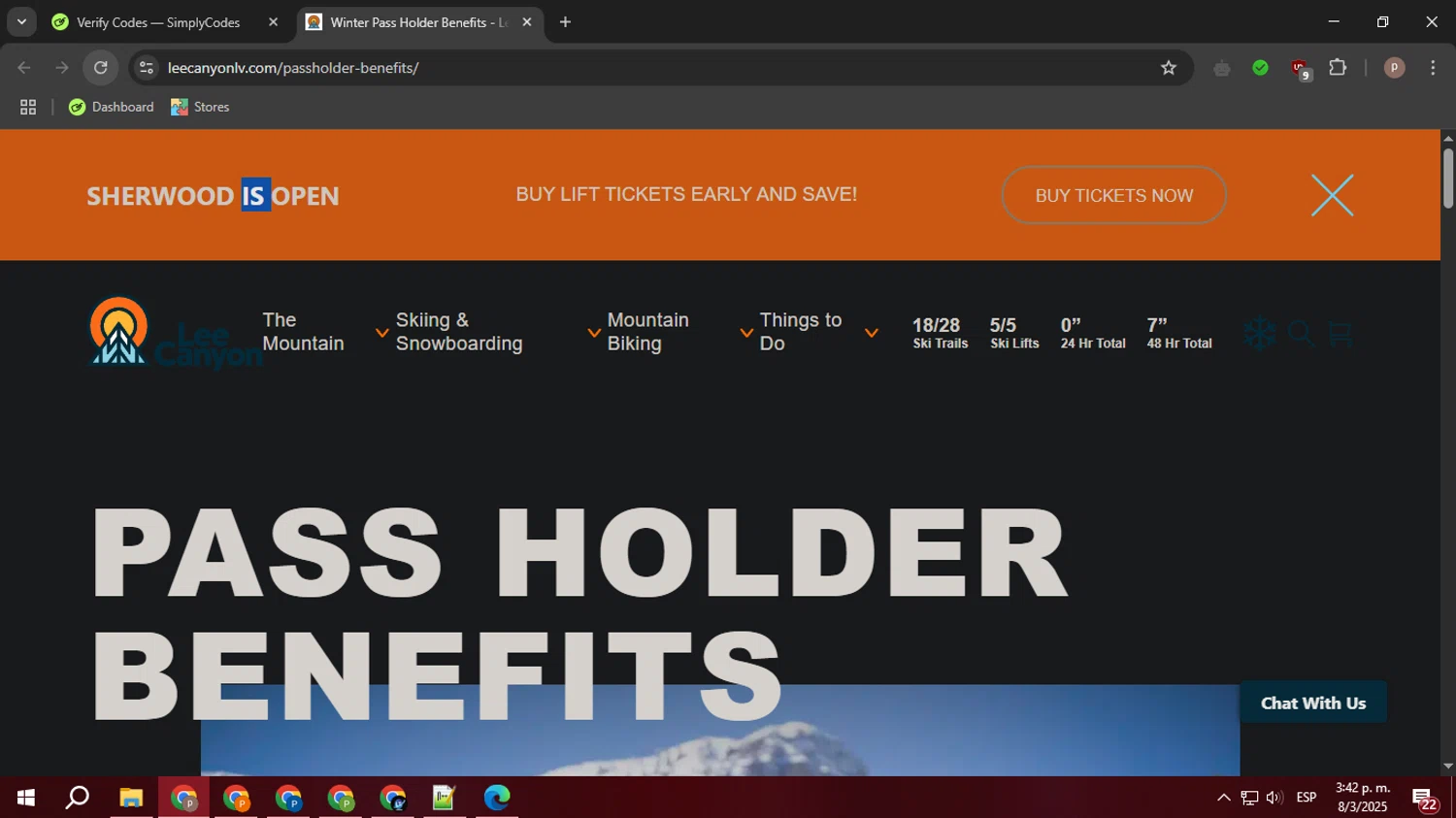 Lee Canyon promo code screenshot showing code passlodging-3 applied at Lee Canyon checkout page. Uploaded by SimplyCodes community member PrimeTiger1163 on Mar 8, 2025