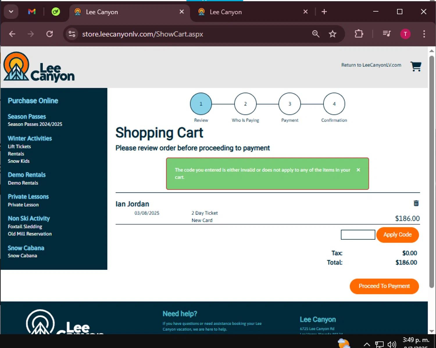 Lee Canyon promo code screenshot showing code passlodging-3 applied at Lee Canyon checkout page. Uploaded by SimplyCodes community member WiseScout3498 on Mar 8, 2025