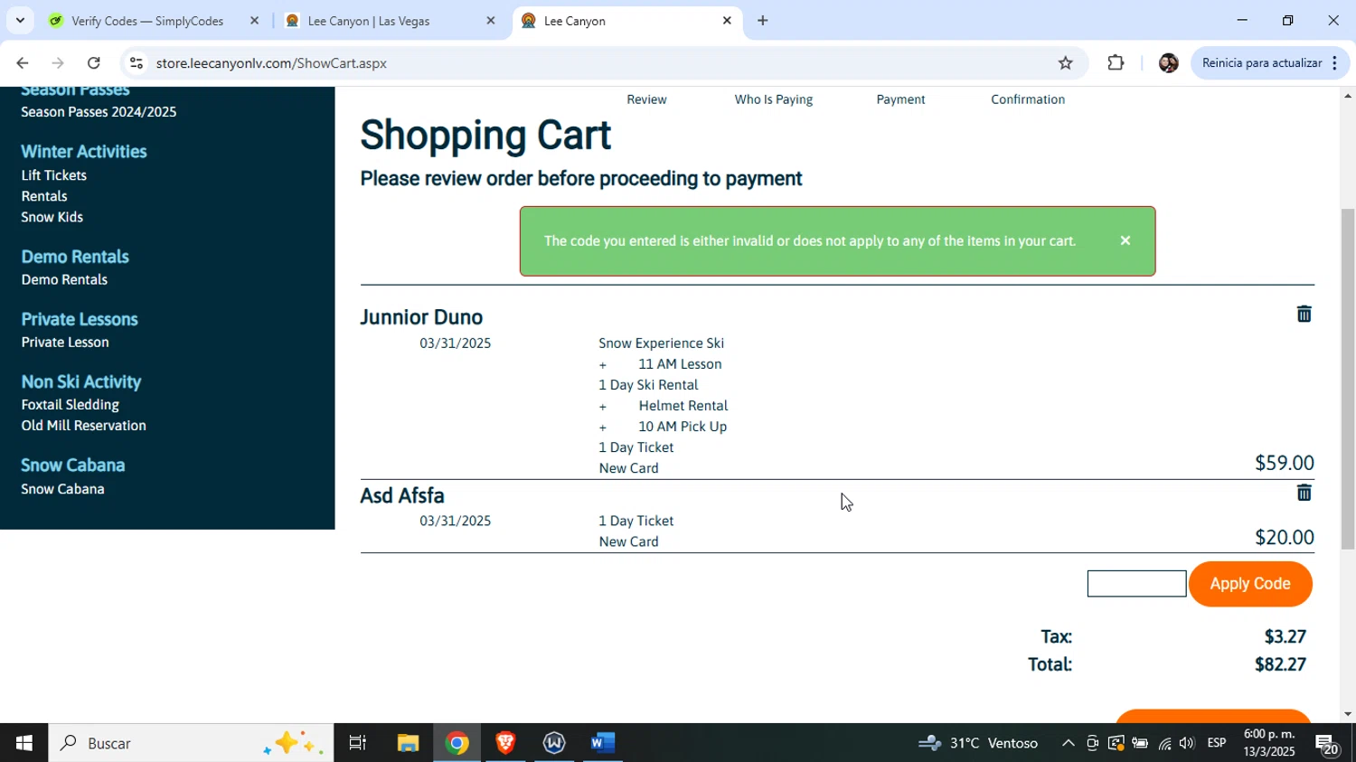 Lee Canyon promo code screenshot showing code LCNEWS applied at Lee Canyon checkout page. Uploaded by SimplyCodes community member Junniorduno on Mar 13, 2025