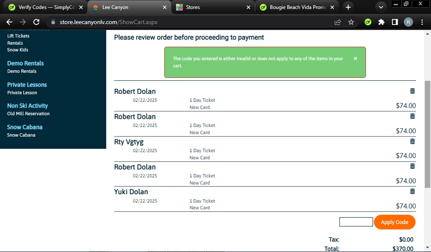 Lee Canyon promo code screenshot showing code LCNEWS applied at Lee Canyon checkout page. Uploaded by SimplyCodes community member LegendaryScout1319 on Feb 20, 2025