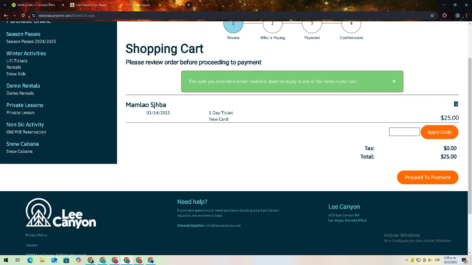 Lee Canyon promo code screenshot showing code LCNEWS applied at Lee Canyon checkout page. Uploaded by SimplyCodes community member 27zxbr on Feb 20, 2025